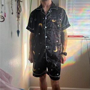 Black Satin Pajama Set with Moon and Star Print